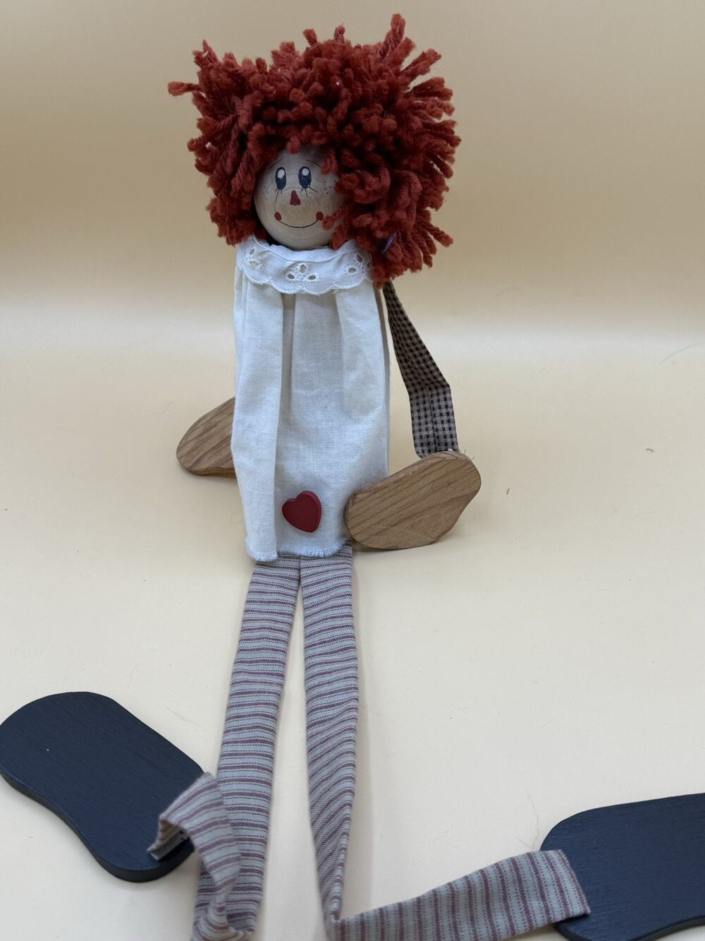 Vintage Raggedy Ann Style Shelf Sitter Doll Handmade Wood Legs Signed 94